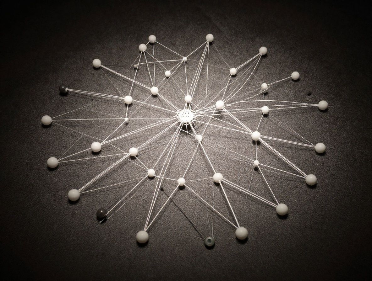 Abstraktní ilustrace symbolizující znalosti a výzkum – jemné geometrické linie propojující uzly na tmavém teplém pozadí s filmovým světlem, evokující vědeckou síť myšlenek bez lidí a produktů