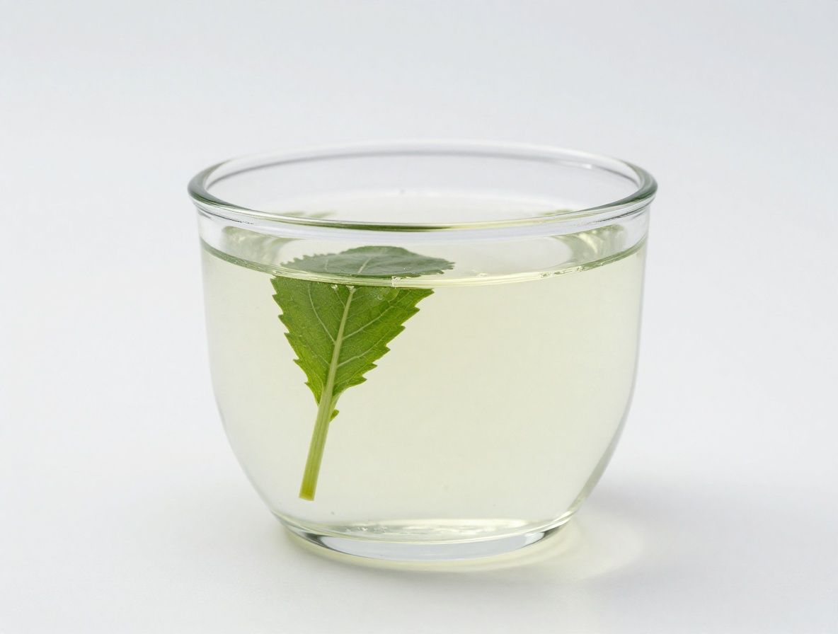 Průhledná skleněná nádoba s zlatavým rostlinným olejem na neutrálním pozadí s přirozeným světlem zvýrazňujícím texturu a barvu tekutiny, bez produktových etiket